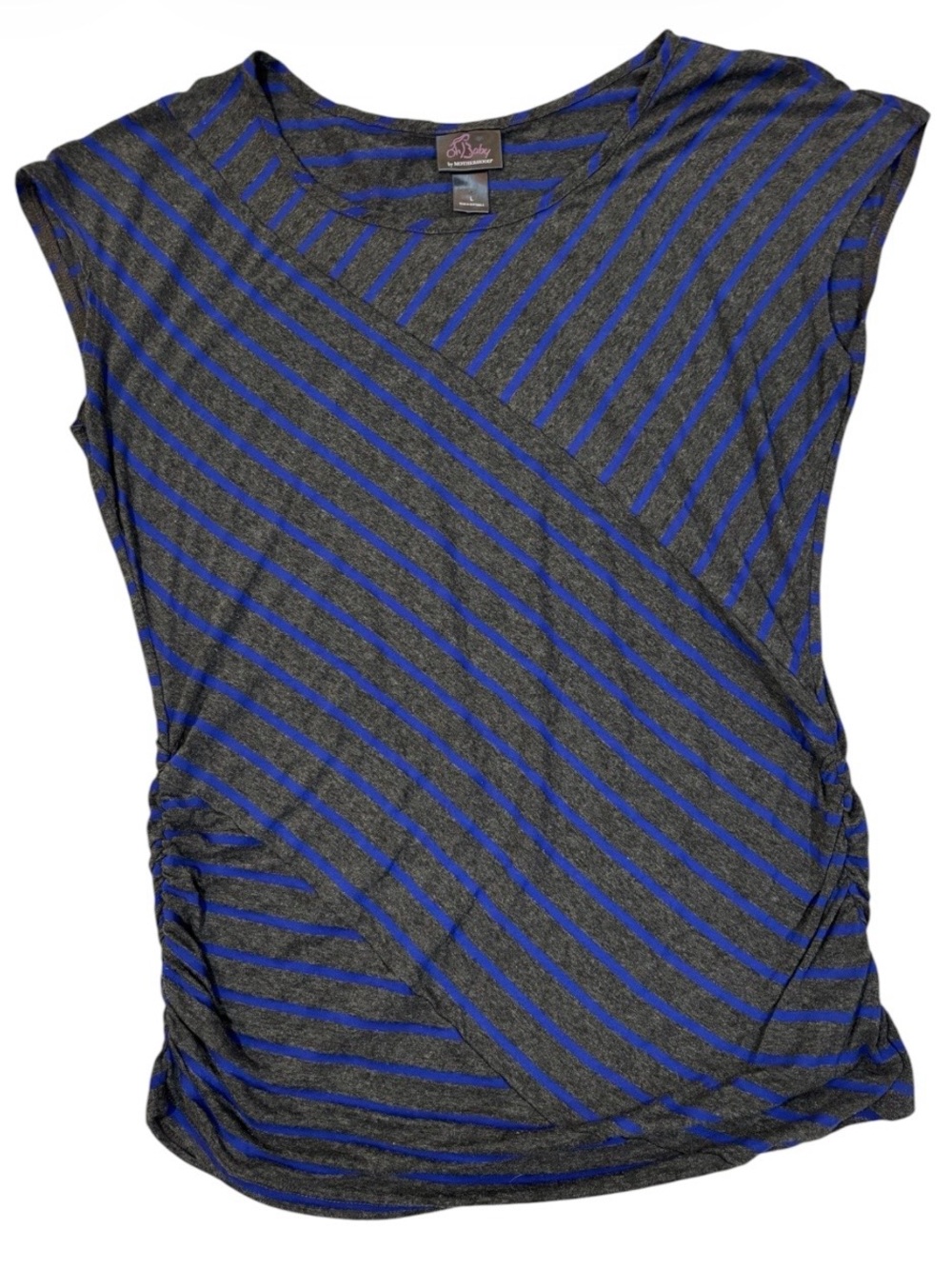 Motherhood Gray and Blue Striped Maternity Tee, Cap Sleeve, Oh Baby, Soft